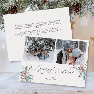 Watercolor Winter Botanical Photo Merry Christmas Holiday Card