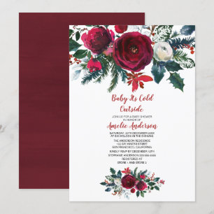 Watercolor Winter Burgundy Flowers Baby Shower Invitation