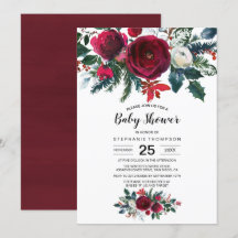 Watercolor Winter Burgundy Flowers Baby Shower
