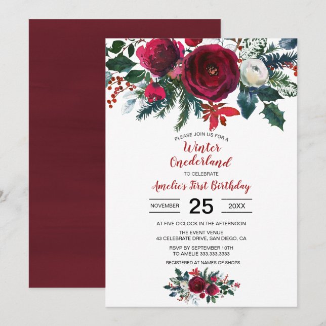 Watercolor Winter Burgundy Flowers First Birthday Invitation (Front/Back)