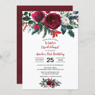 Watercolor Winter Burgundy Flowers First Birthday Invitation