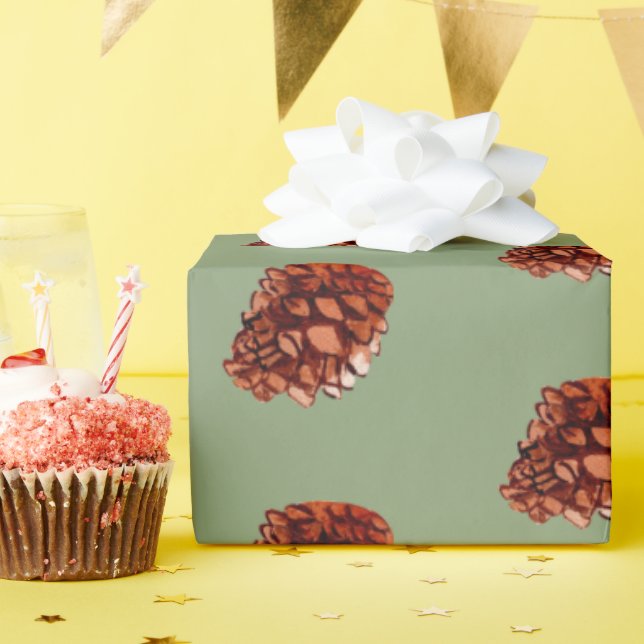 Watercolor Winter Christmas Forest Cones Greenery Wrapping Paper (Birthday Party)