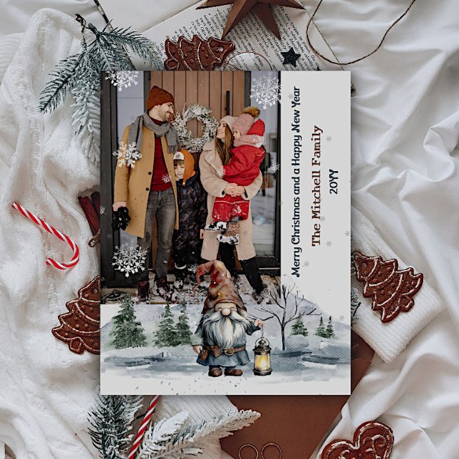 Watercolor Winter Christmas Gnome Photo Holiday Card (Watercolor Winter Christmas Gnome Photo Holiday Card)