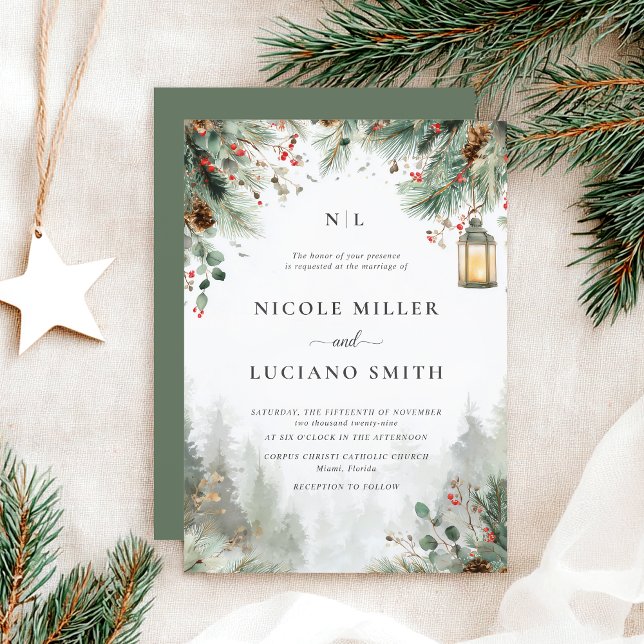 Watercolor Winter Christmas Greenery Wedding Invitation (Creator Uploaded)
