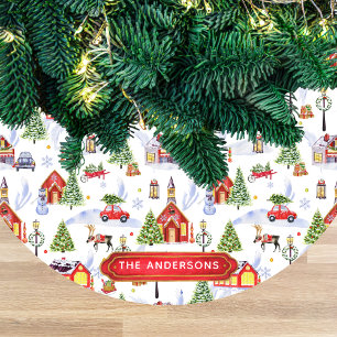 Watercolor Winter Christmas Objects Pattern Fleece Tree Skirt