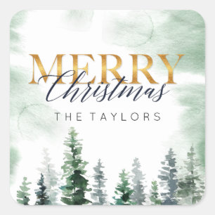 Watercolor Winter Christmas Tree Square Sticker