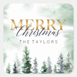Watercolor Winter Christmas Tree Square Sticker