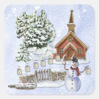 Watercolor Winter Church Square Sticker