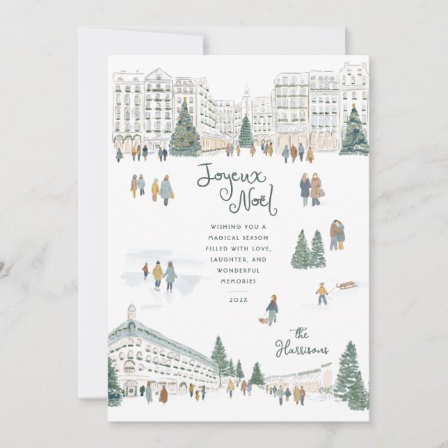 Watercolor Winter Cityscape Non Photo Christmas Holiday Card (Front)