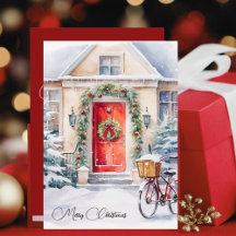 Watercolor Winter Cottage Red Door Merry Christmas