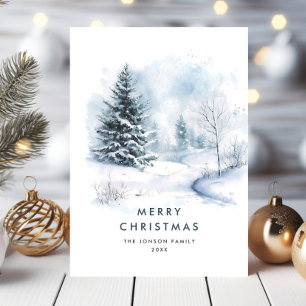 Watercolor Winter Country Landscape Christmas Holiday Card