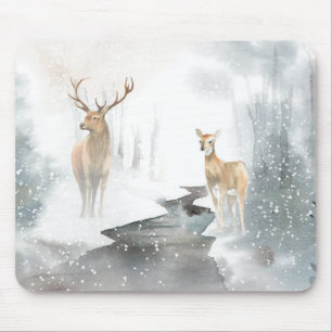 Watercolor Winter Deer Scene Mouse Pad