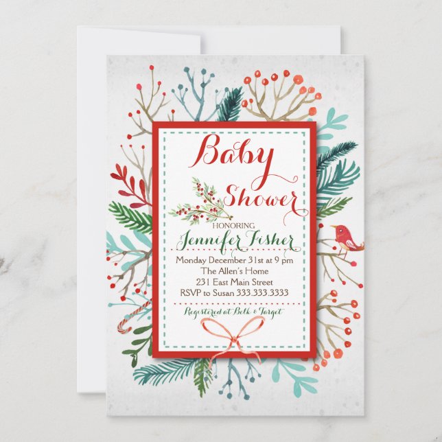 Watercolor Winter Floral Baby Shower Invitation (Front)