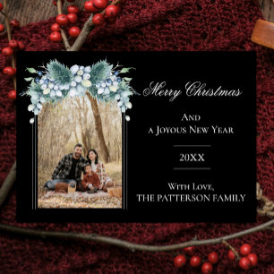 Watercolor Winter Floral Boho Arch Photo   Black Holiday Card
