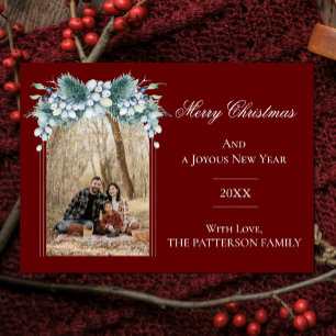 Watercolor Winter Floral Boho Arch Photo   Red Holiday Card
