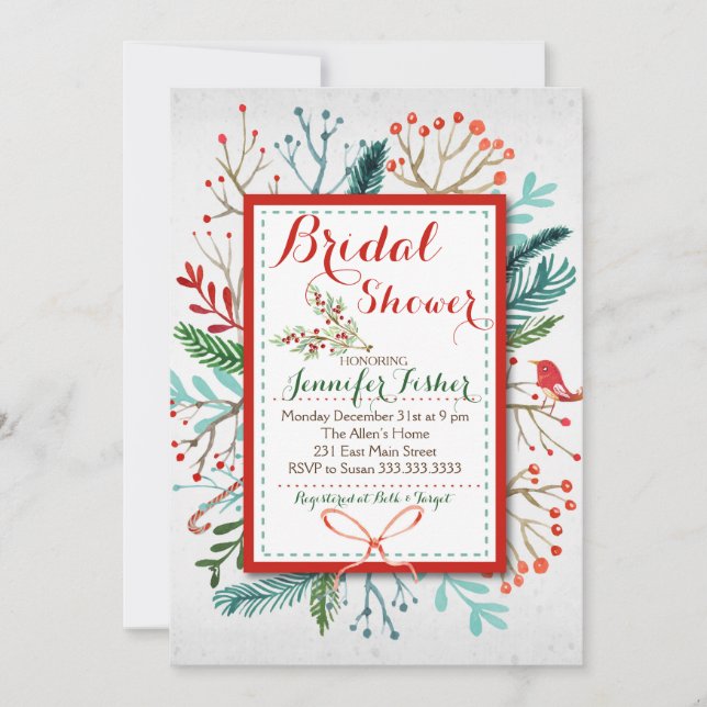 Watercolor Winter Floral Bridal Shower Invitation (Front)