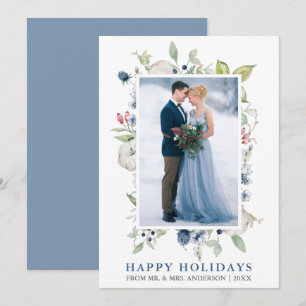 Watercolor Winter Floral Dusty Blue Newlywed Holiday Card