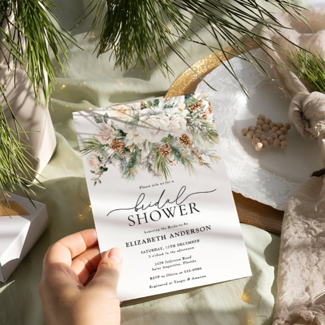 Watercolor Winter Floral Evergreen Bridal Shower Invitation (Creator Uploaded)