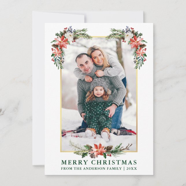 Watercolor Winter Floral Gold Frame Photo Holiday Card (Front)