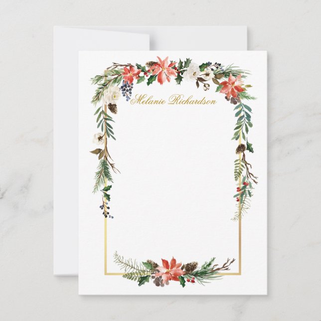 Watercolor Winter Floral Gold Personalized Card (Front)
