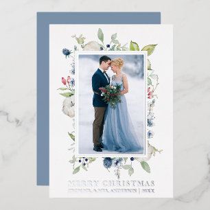 Watercolor Winter Floral Newlywed Blue Silver Foil Holiday Card
