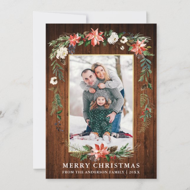 Watercolor Winter Floral Photo Wood Gold Holiday Card (Front)