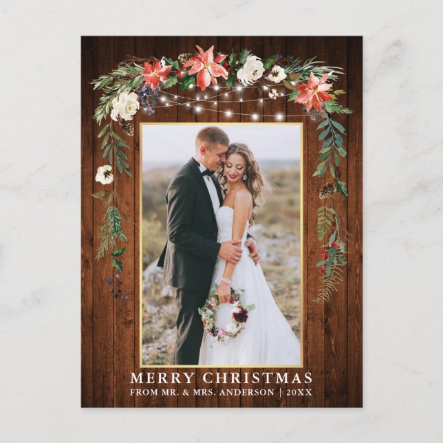 Watercolor Winter Floral Wood Gold Christmas Postcard (Front)