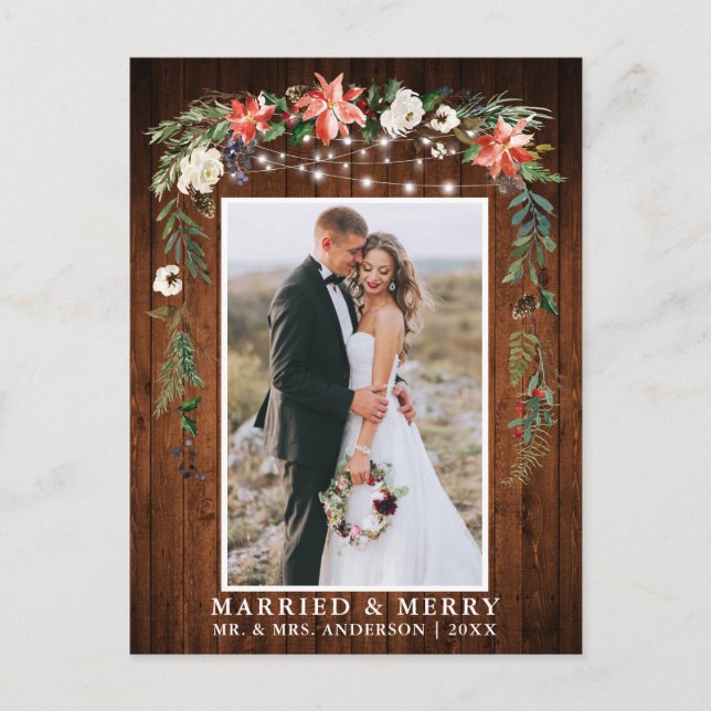 Watercolor Winter Floral Wood Married and Merry Postcard (Front)