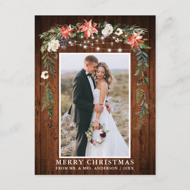 Watercolor Winter Floral Wood Newlywed Christmas Postcard (Front)