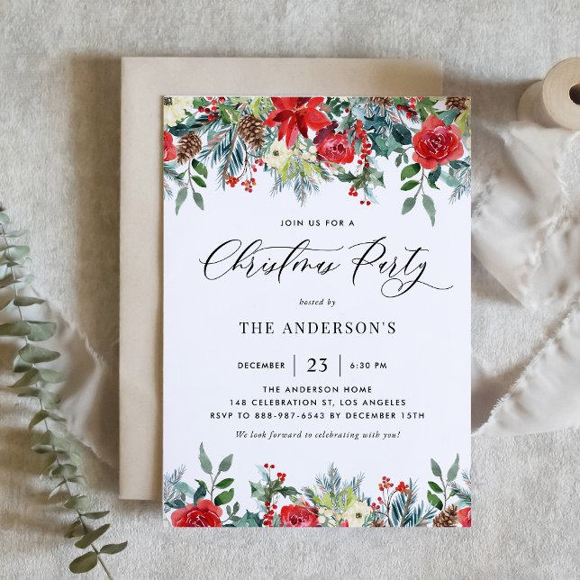 Watercolor Winter Flowers Christmas Party Invitation (Creator Uploaded)