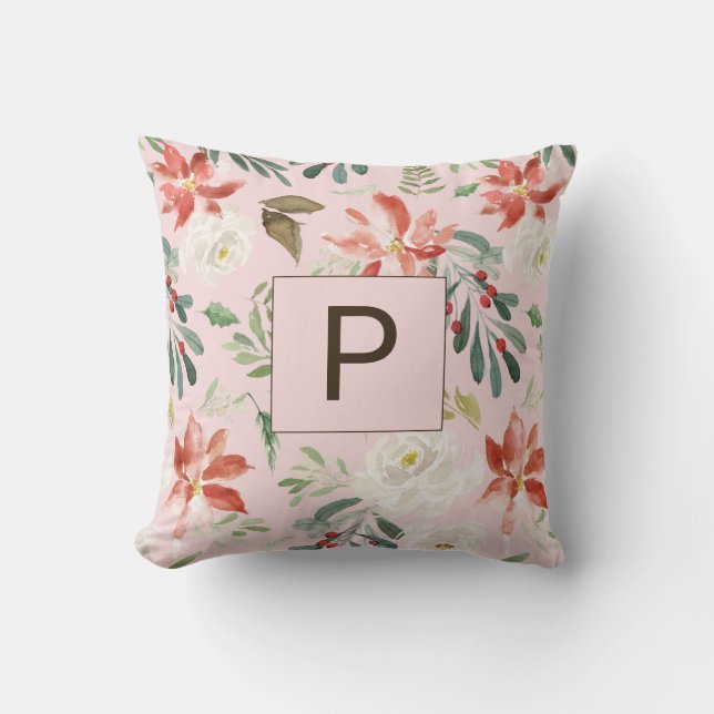 Watercolor Winter Flowers Holly Berry Monogrammed Throw Pillow (Front)