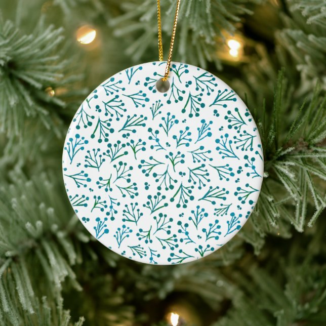 Watercolor winter flowers - turquoise ceramic ornament (Tree)