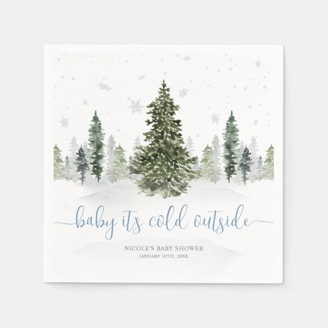 Watercolor Winter Forest Blue Baby Shower Napkin (Front)