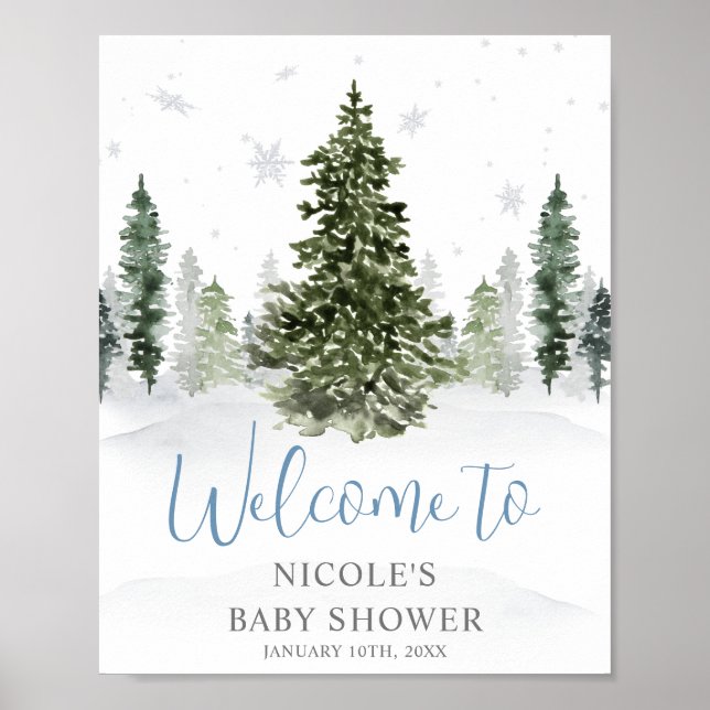 Watercolor Winter Forest Blue Baby Shower Welcome Poster (Front)