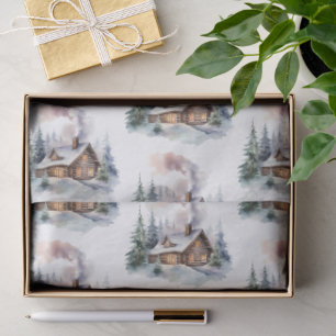 Watercolor Winter Forest Cabin I Green Pine Tree  Tissue Paper