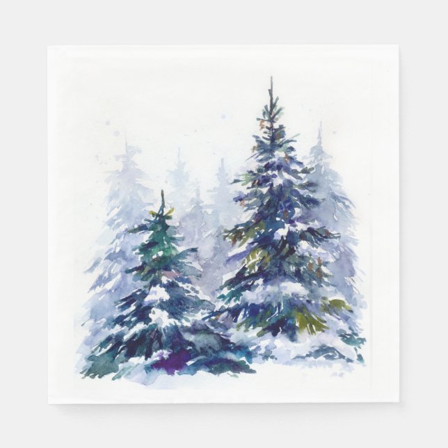 Watercolor winter forest Christmas tree modern ill Napkin (Front)