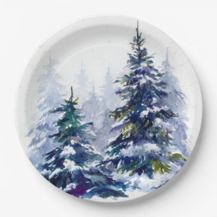 Watercolor winter forest Christmas tree modern ill Paper Plate