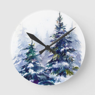 Watercolor winter forest Christmas tree modern ill Round Clock