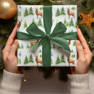 Watercolor Winter Forest - Deer and Snowy Trees -  Wrapping Paper