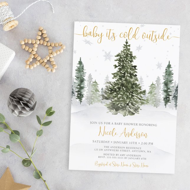 Watercolor Winter Forest Gold Baby Shower Invitation (Creator Uploaded)
