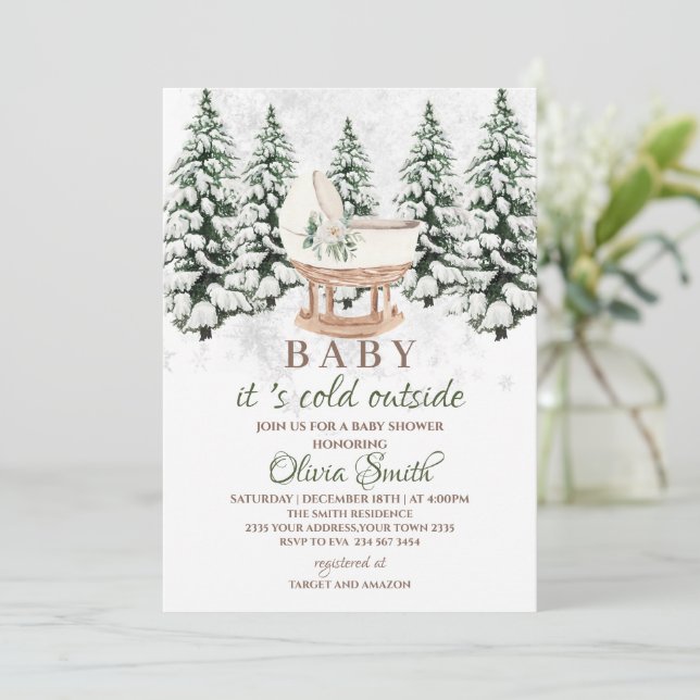 Watercolor Winter Forest Gray Baby Shower Invitation (Standing Front)