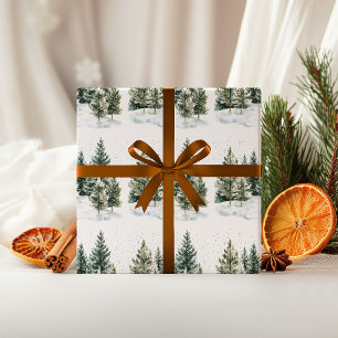 Watercolor Winter Forest Green Pine Tree Christmas Wrapping Paper Sheet