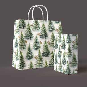 Watercolor Winter Forest Green Pine Tree I Cabin Large Gift Bag
