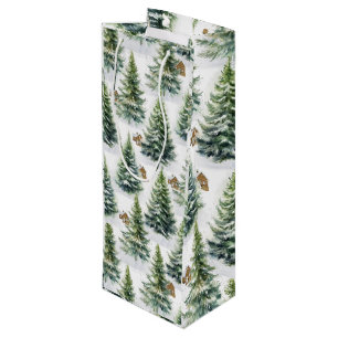 Watercolor Winter Forest Green Pine Tree I Cabin Wine Gift Bag