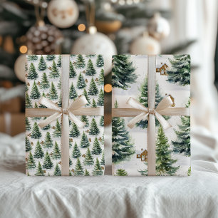 Watercolor Winter Forest Green Pine Tree I Cabin Wrapping Paper Sheet
