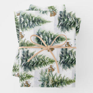 Watercolor Winter Forest Green Pine Tree I Cabin Wrapping Paper Sheet
