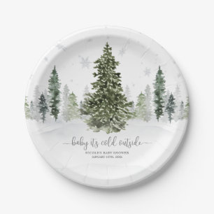 Watercolor Winter Forest Grey Baby Shower Paper Plate