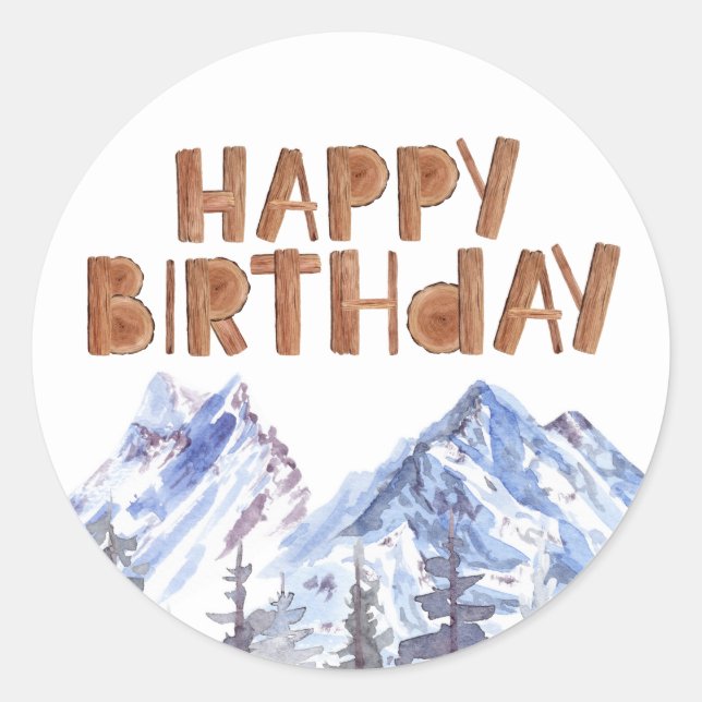 Watercolor Winter Forest "Happy Birthday"   Classic Round Sticker (Front)