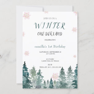 Watercolor Winter Forest  Onederland 1st birthday  Invitation