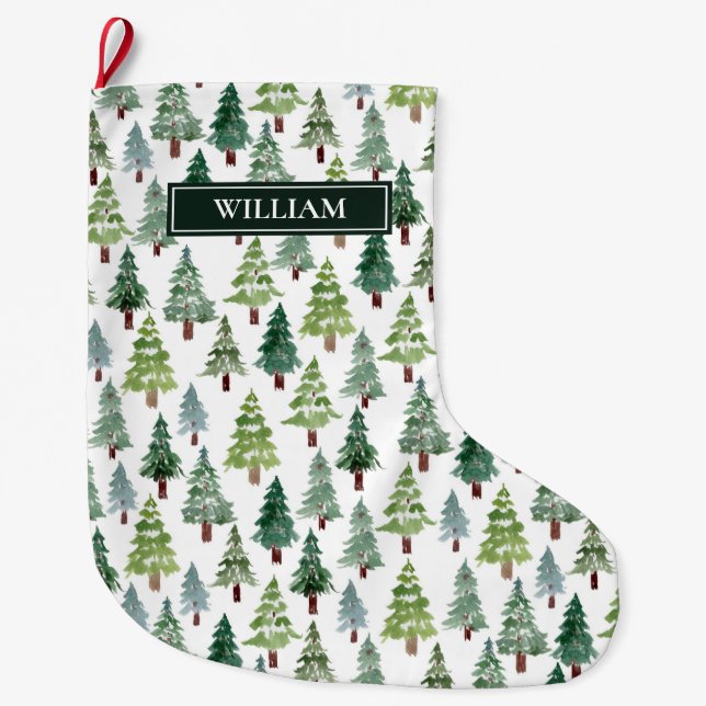 Watercolor Winter Forest Personalized  Large Christmas Stocking (Front)